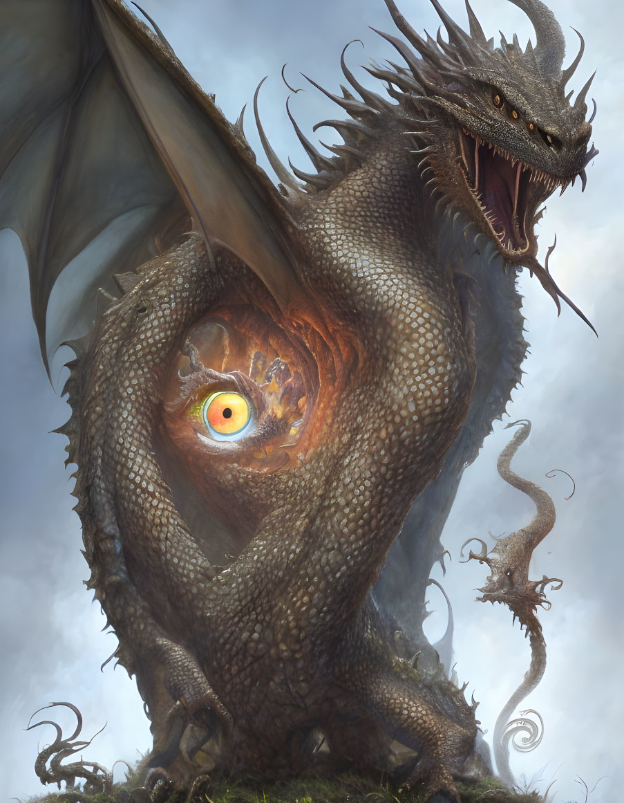 Intricate dragon with orange eye wrapped by smaller dragon under cloudy sky