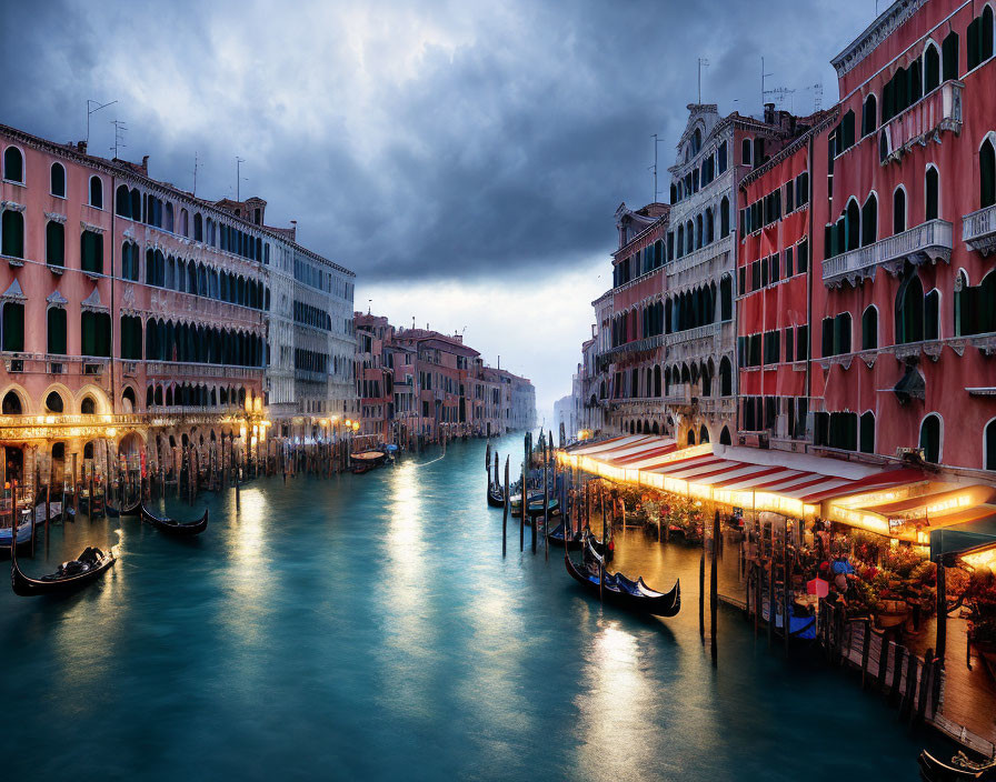 Venice's Grand Canal at Twilight with Gondolas and Historic Buildings