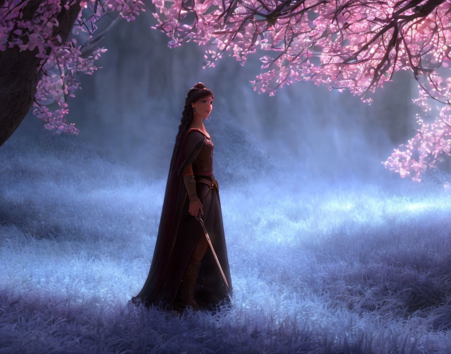 Medieval woman under pink blossoms in misty forest glade