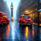 Foggy London street at dusk with vintage red buses and glowing street lamps