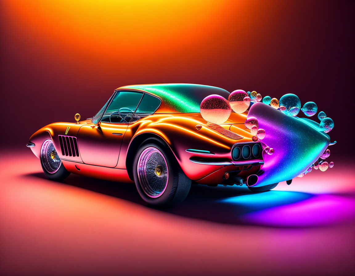 Vintage car with iridescent paint and colorful bubbles on gradient backdrop