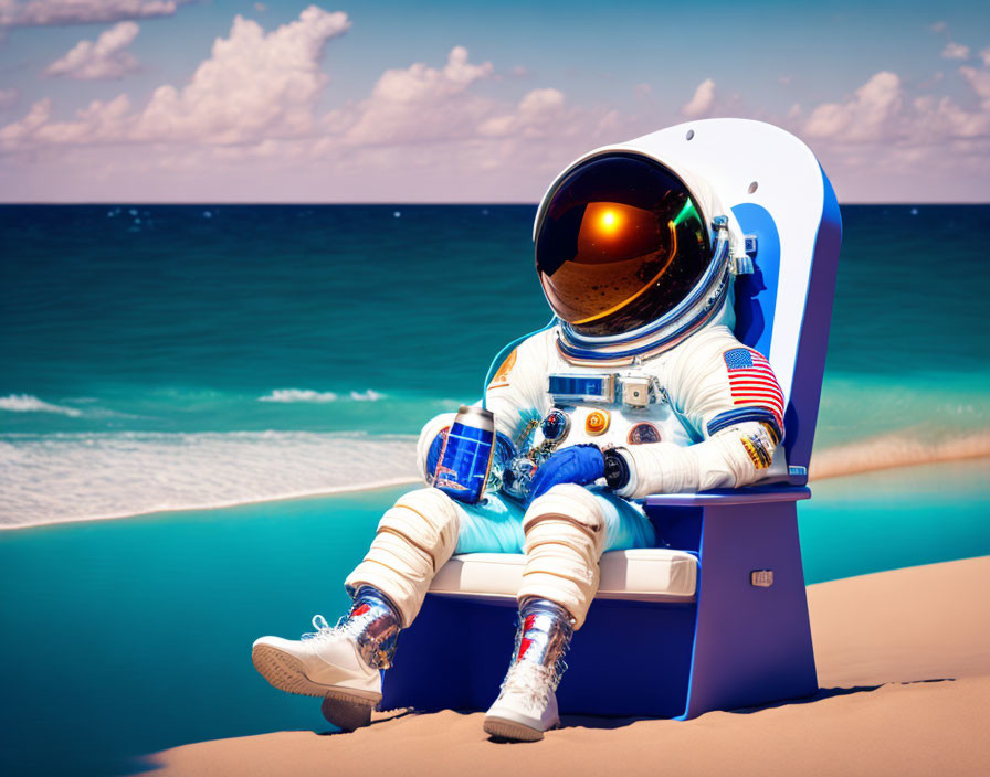 Astronaut in full gear relaxing on beach chair