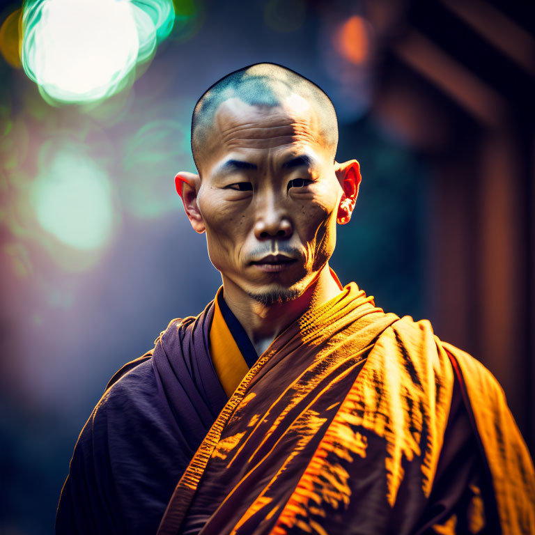 Serene Buddhist monk in orange robes standing contemplatively