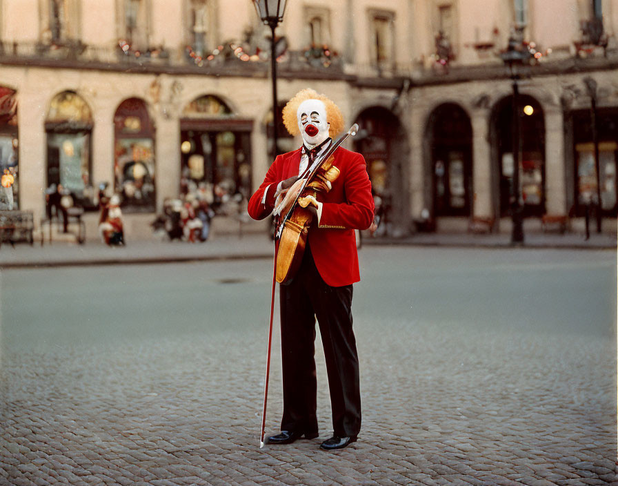 Clown playing violin in red jacket on cobblestone square