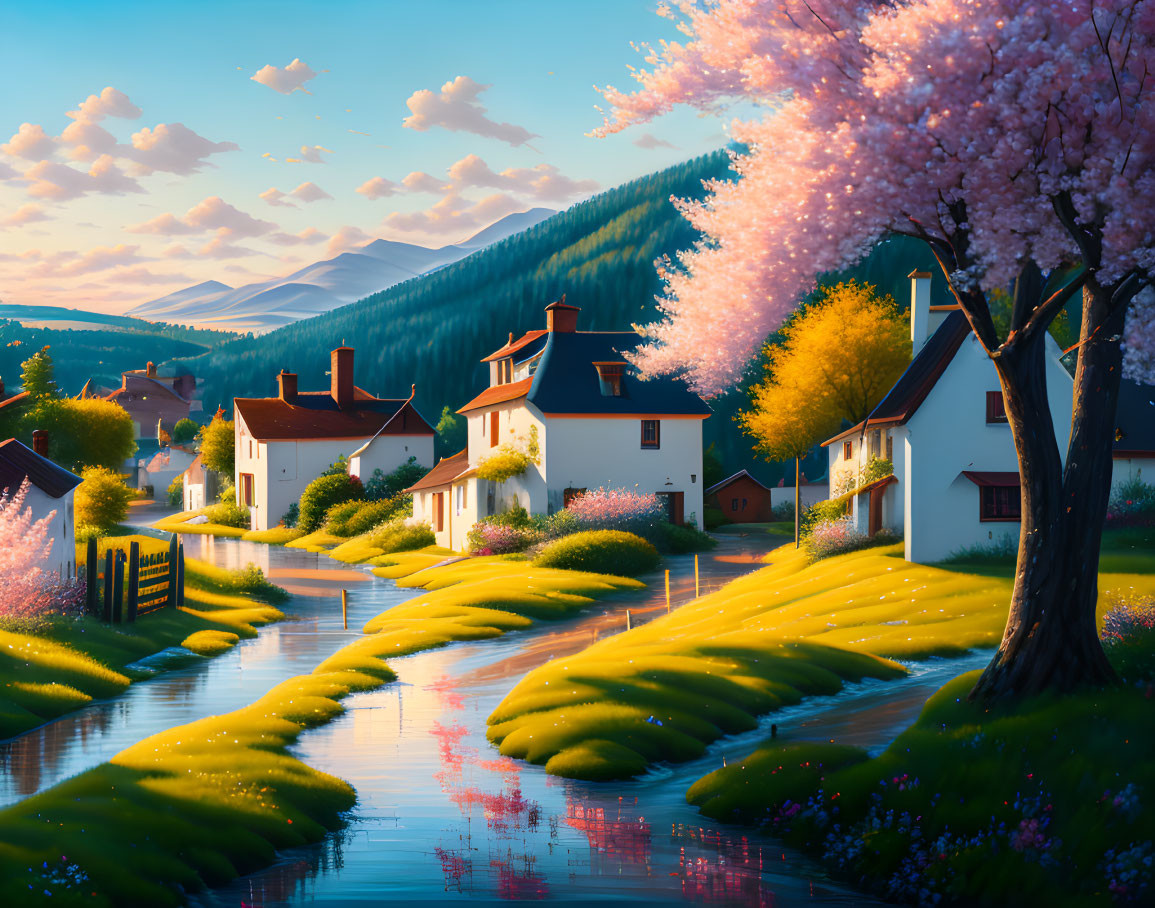 Scenic village with cherry blossoms, river, houses, and mountains at sunset