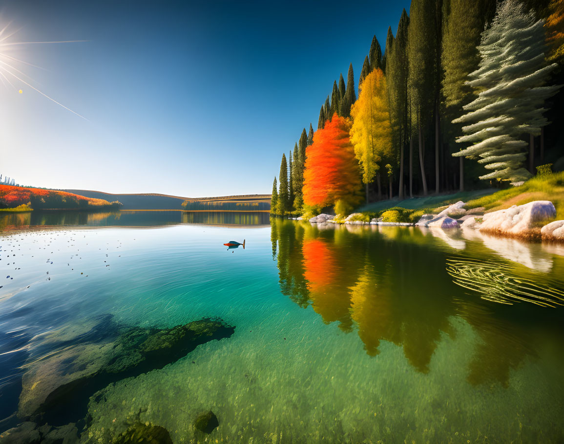 Autumn trees reflected in serene lake with kayaker and rocks visible.