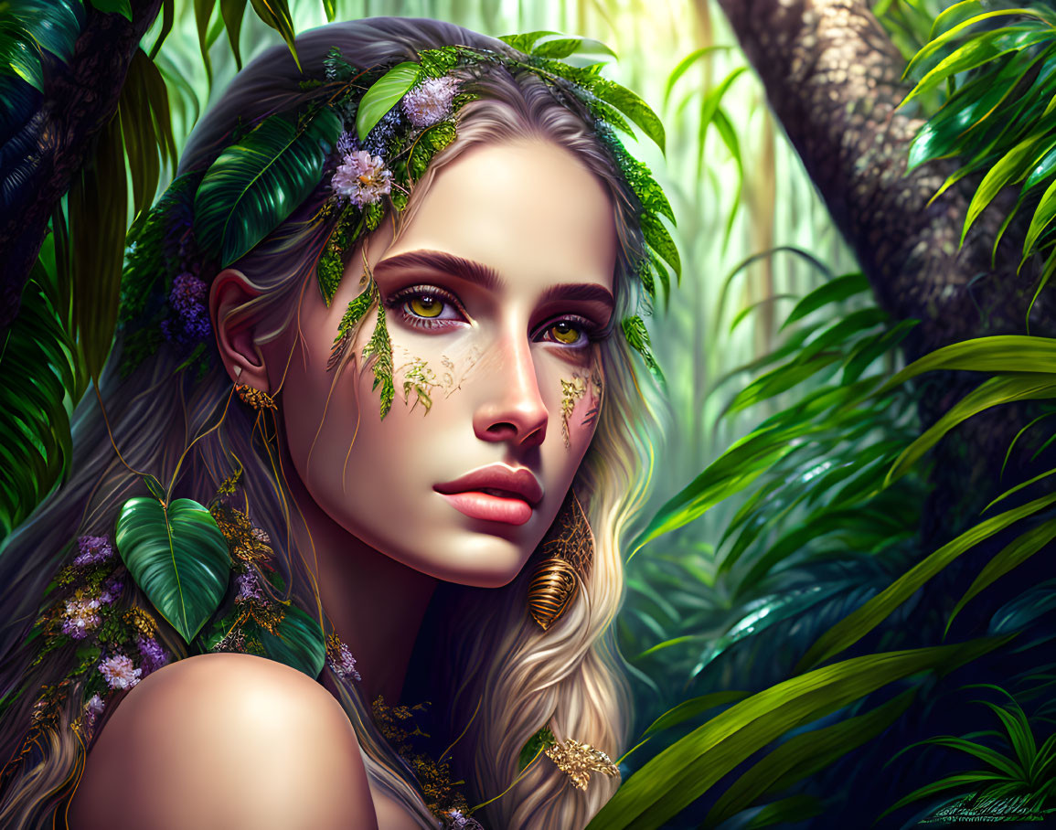 Woman with floral adornments and jungle backdrop portrait.