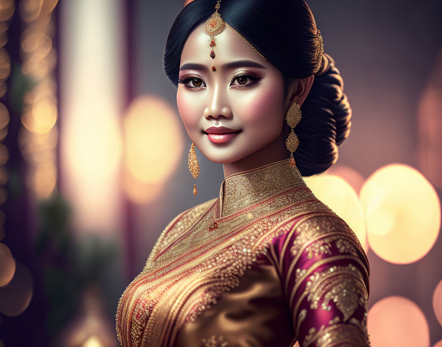 Digital artwork of woman in Indian attire with bokeh background