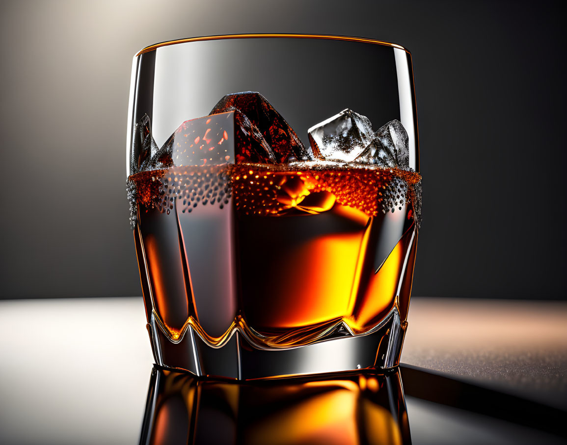 Amber Whiskey Glass with Ice on Reflective Surface