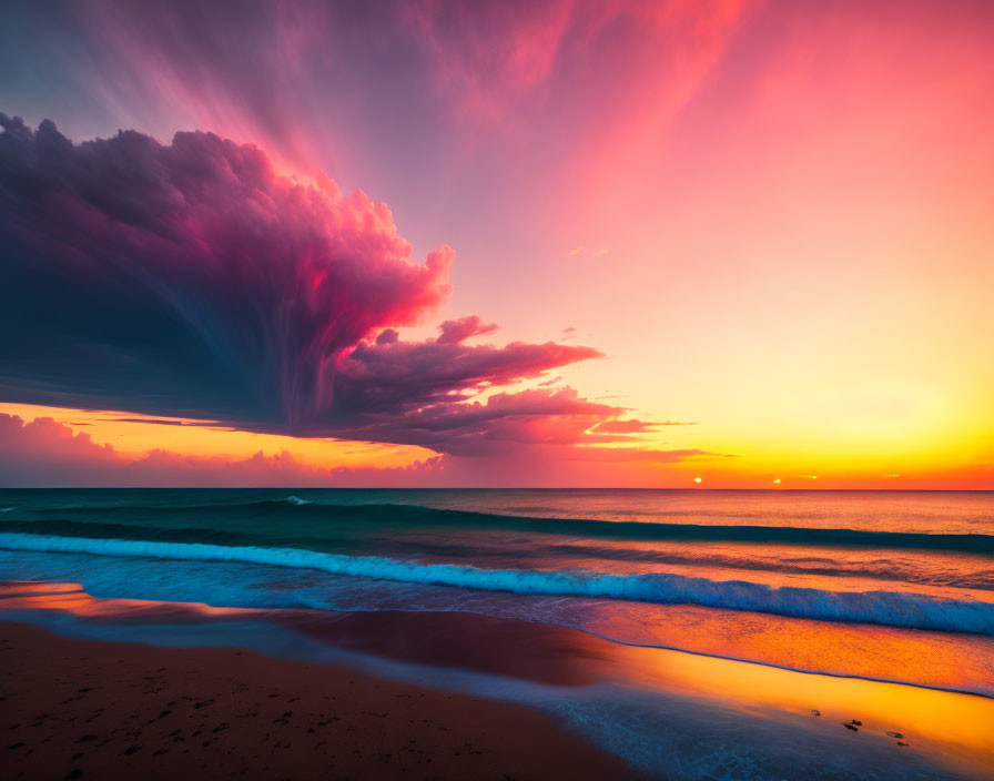 Colorful Beach Sunset with Dramatic Clouds and Gentle Waves