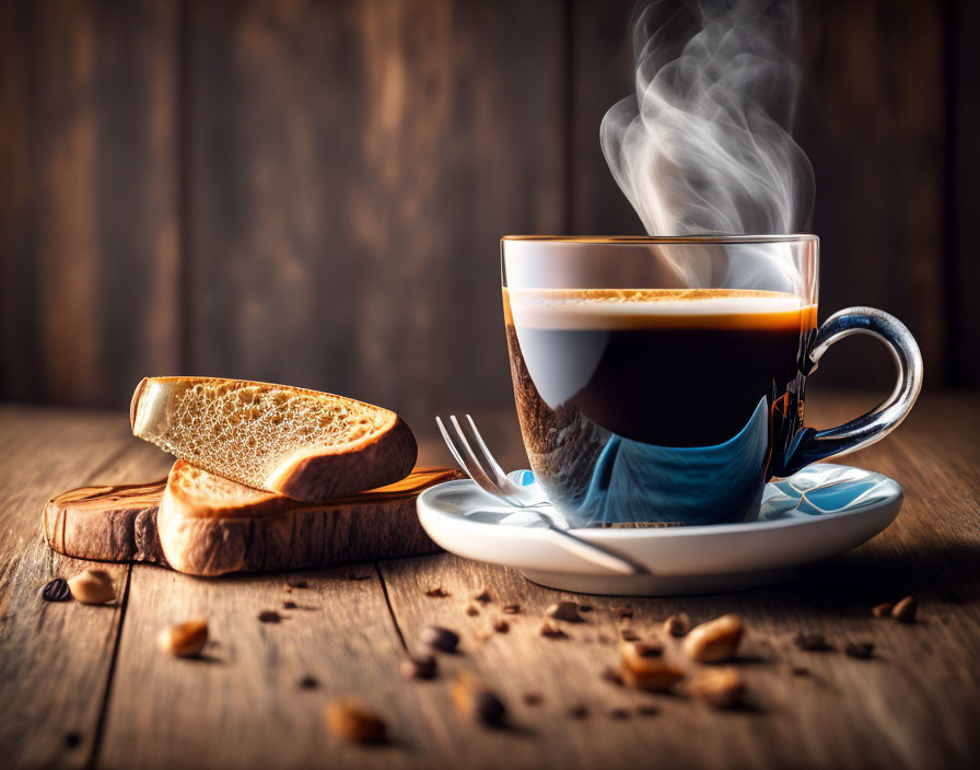 Steaming Cup of Coffee, Toast, Fork, and Saucer on Wooden Table