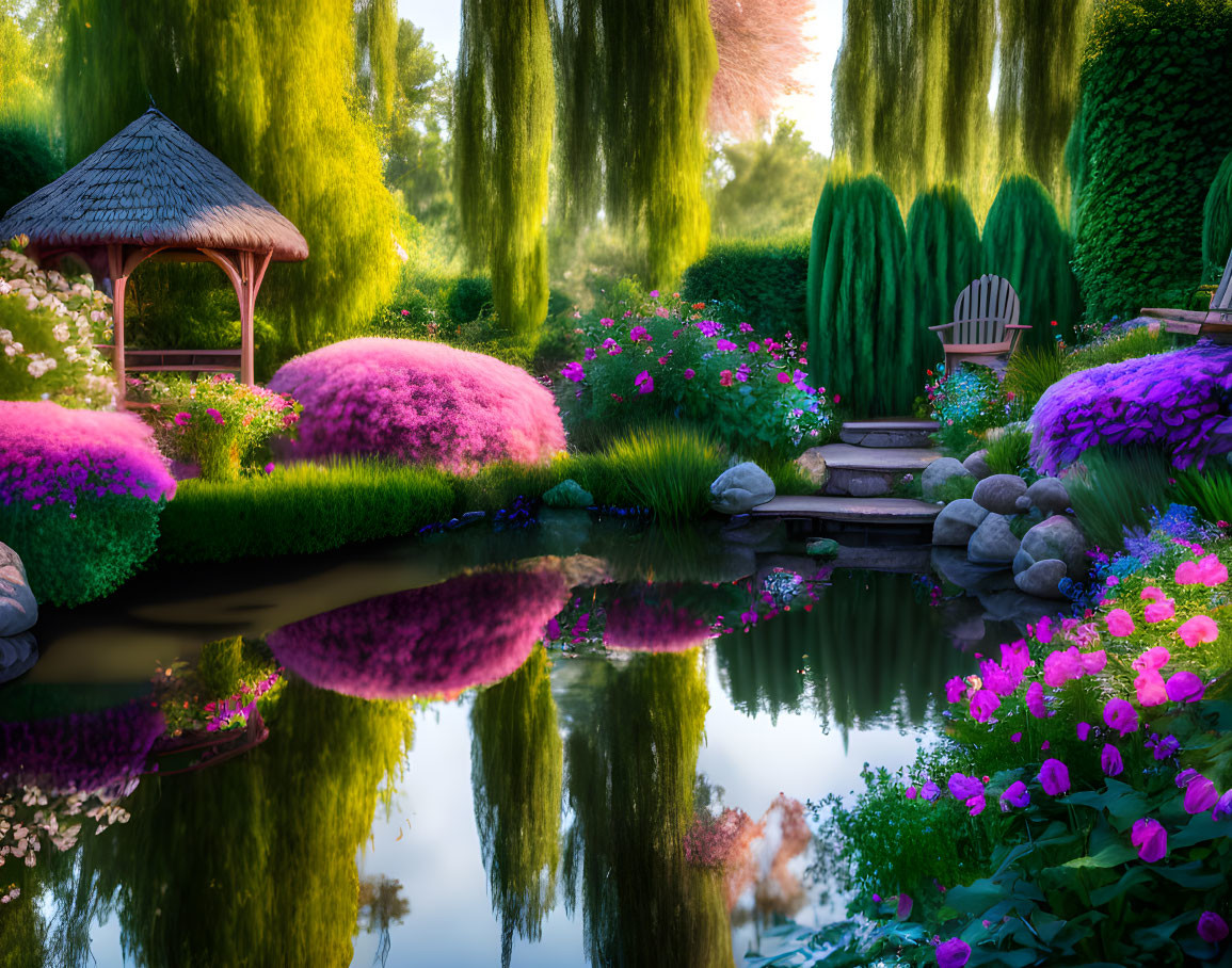 Tranquil garden scene with blooming flowers, pond, gazebo, and wooden chair