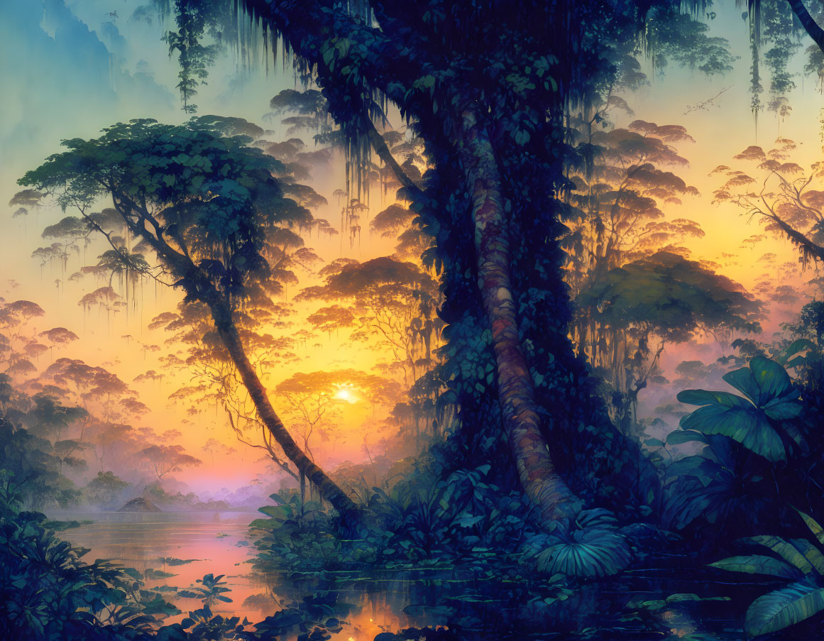 Tranquil jungle sunset with misty trees and river