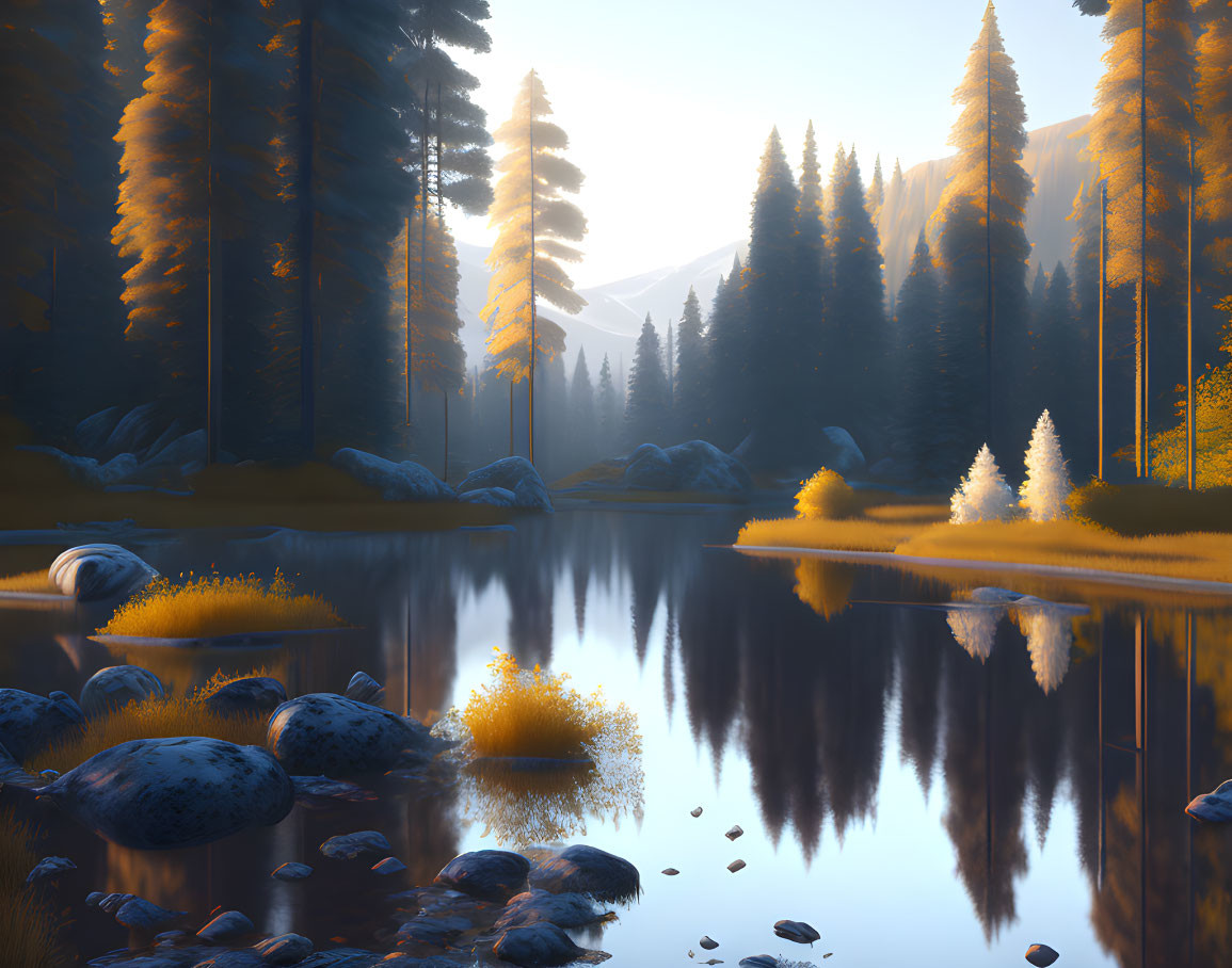 Golden-hued trees reflecting in still lake at dawn or dusk