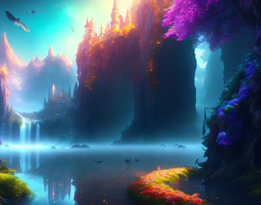 Mystical landscape with luminous flora, waterfalls, castles, and flying birds