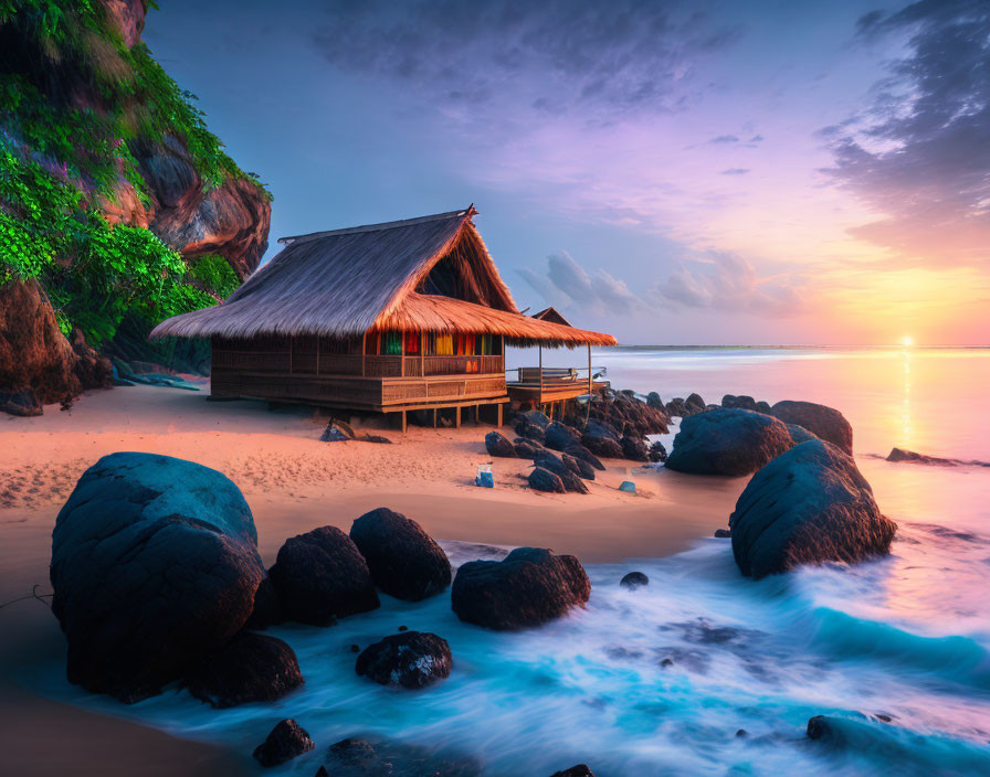 Serene beach sunset scene with traditional wooden hut and rocks