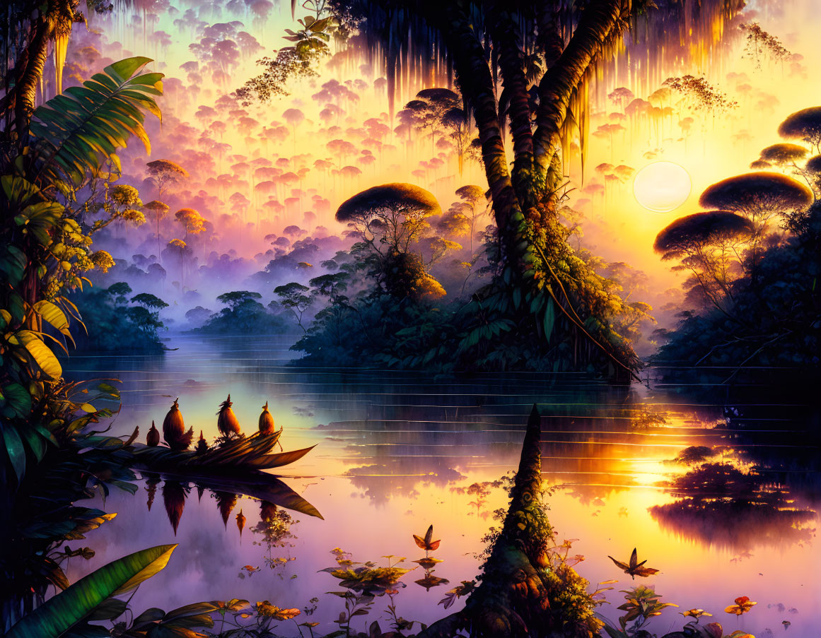 Mystical sunset over tropical river with jungle reflections