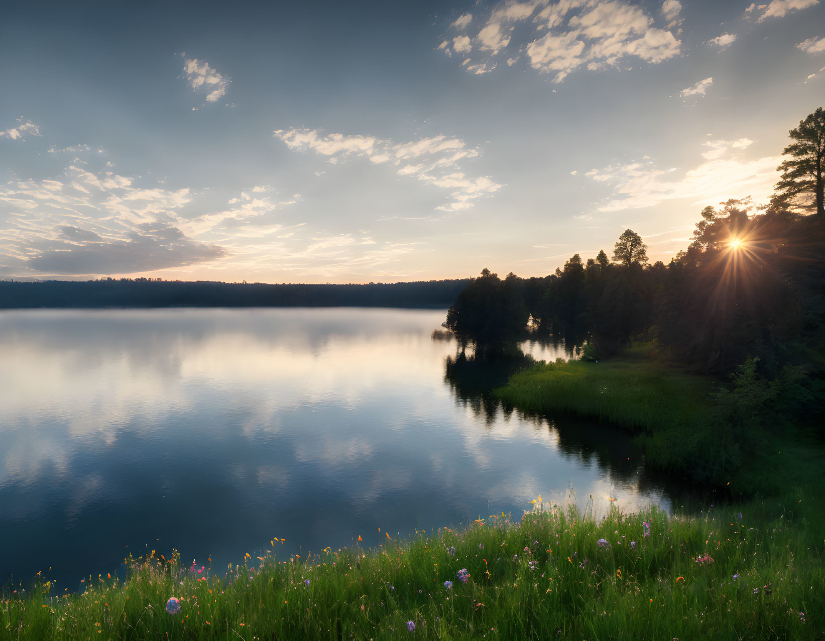 Tranquil lake sunset with sun, trees, and meadow