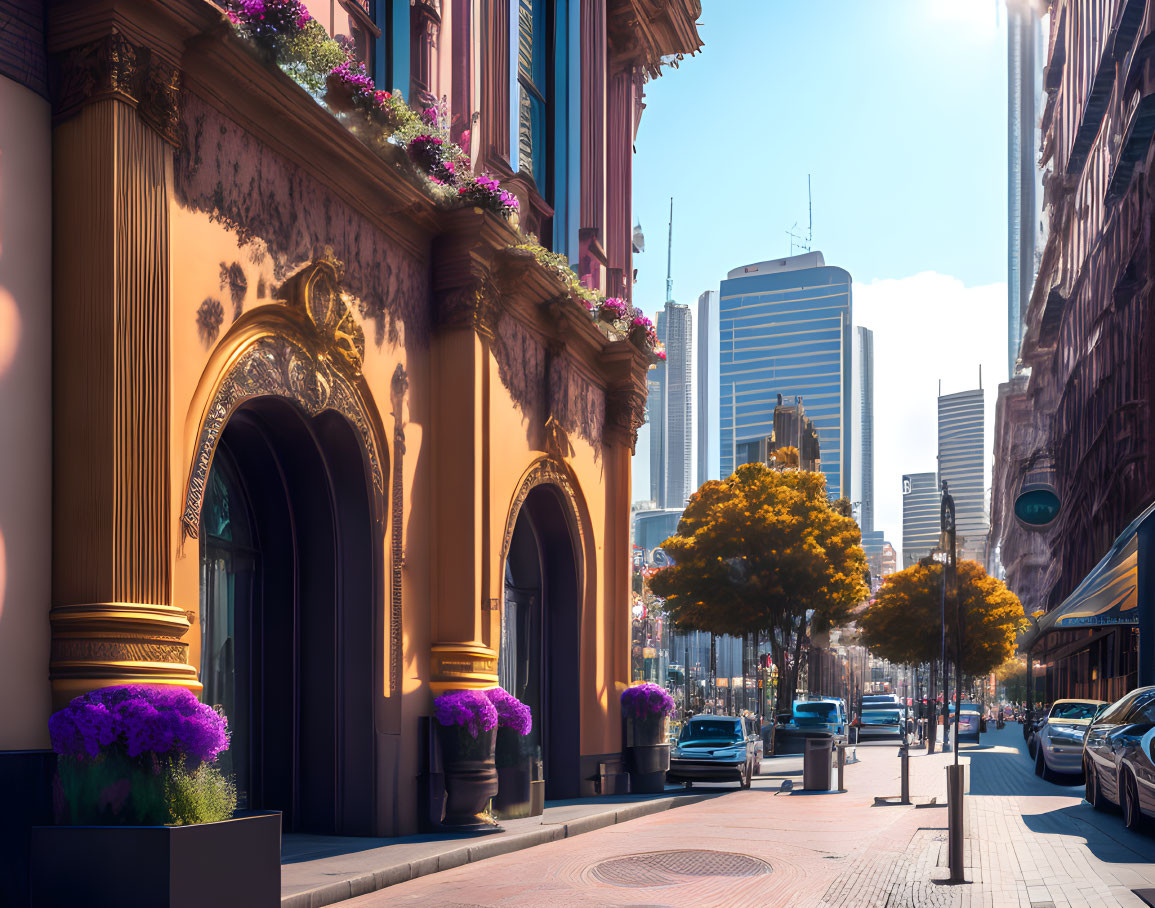 Historic buildings, flowers, cars, and skyscrapers in urban street scene