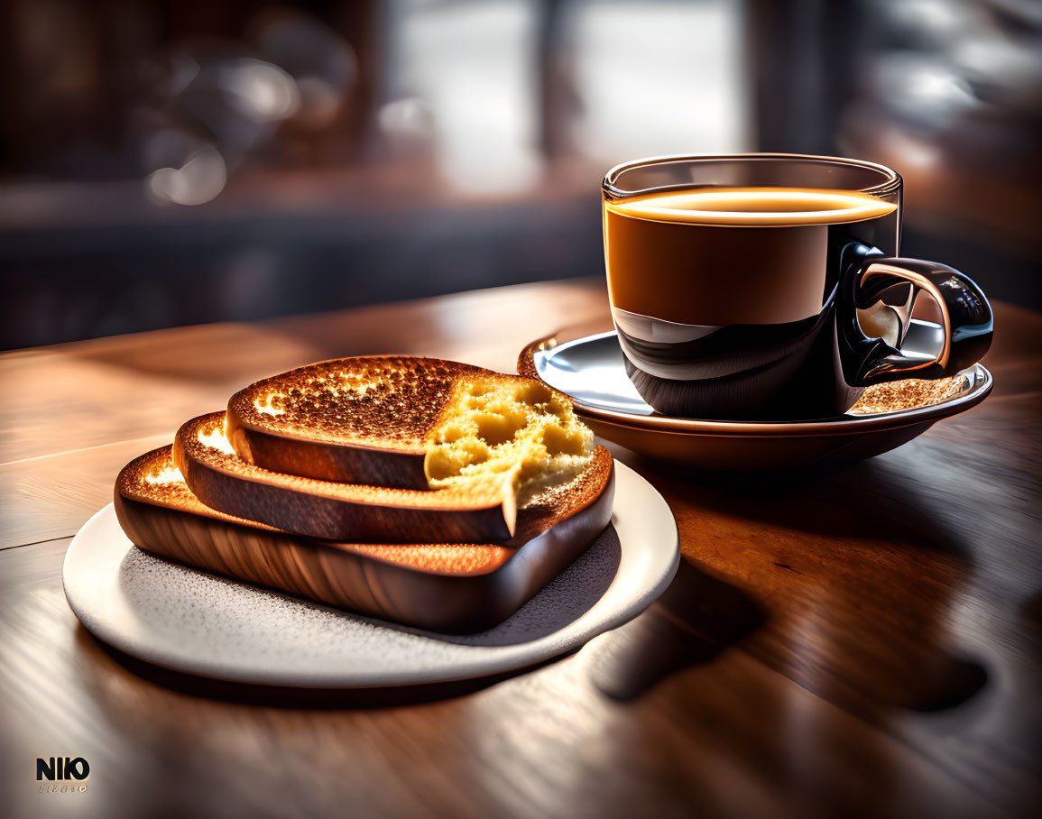 Cozy Breakfast Setting with Toast and Coffee on Wooden Table