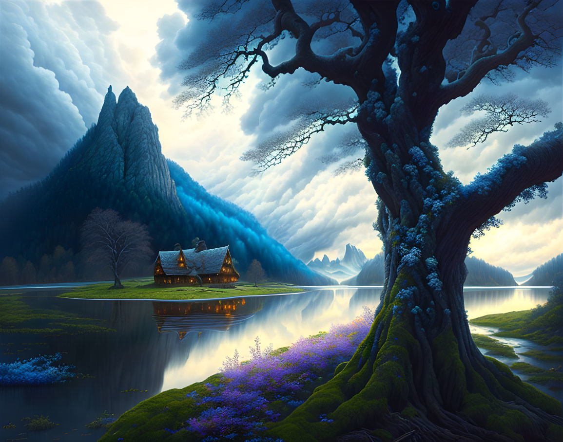 Serene lake landscape with tree, cottages, mountains, and twilight sky