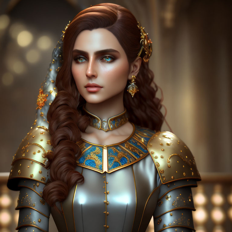 Detailed digital artwork: Woman in braided hairstyle, golden armor with blue accents, intricate patterns, blurred