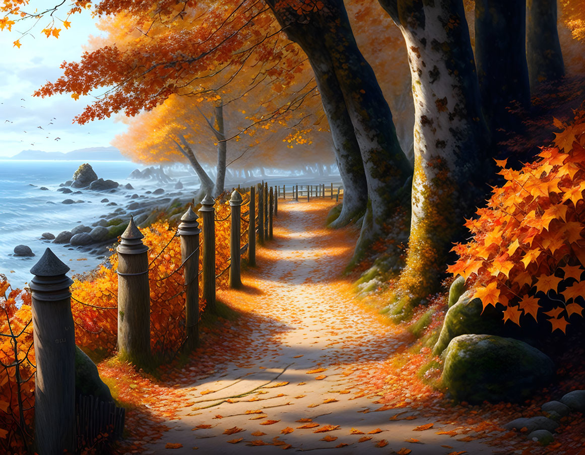 Tranquil autumn coastal path with golden-leaved trees and wooden fence