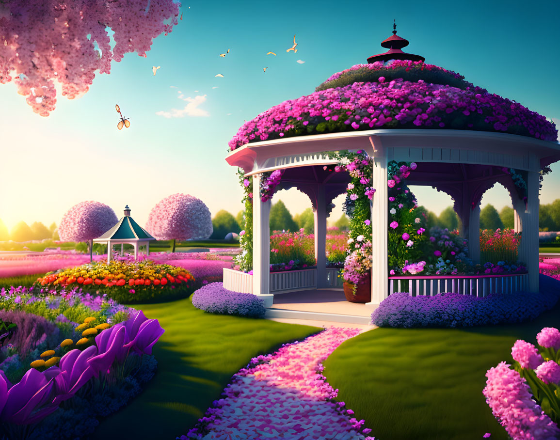 Lush garden with gazebo, blooming flowers, trees, sunny sky