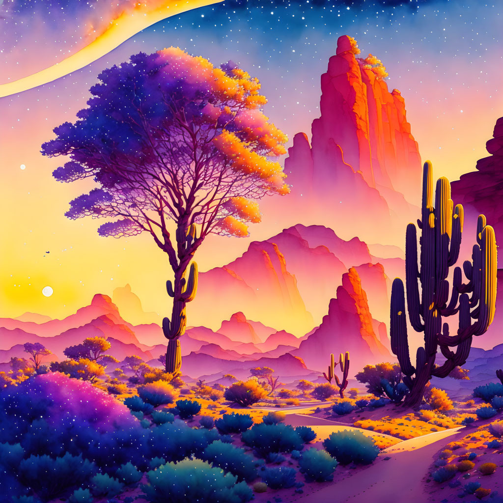 Twilight desert landscape with cacti, purple foliage, and starry sky