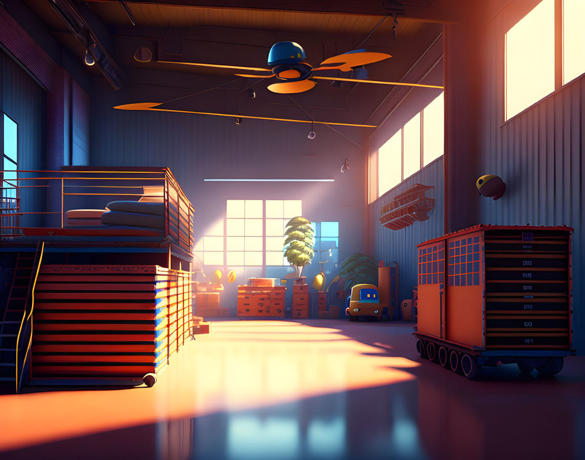 Sunlit Warehouse Interior with Orange Shelves & Robots by Large Windows