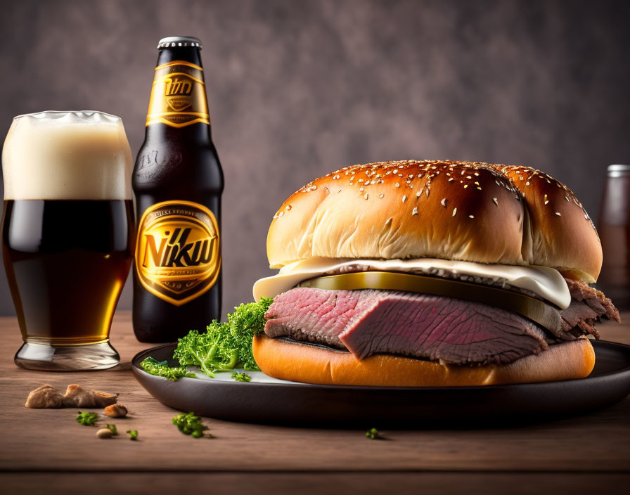 Roast Beef Sandwich with Lettuce, Dark Beer on Wooden Table