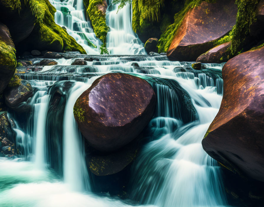 Tranquil waterfall scene with mossy rocks and lush greenery