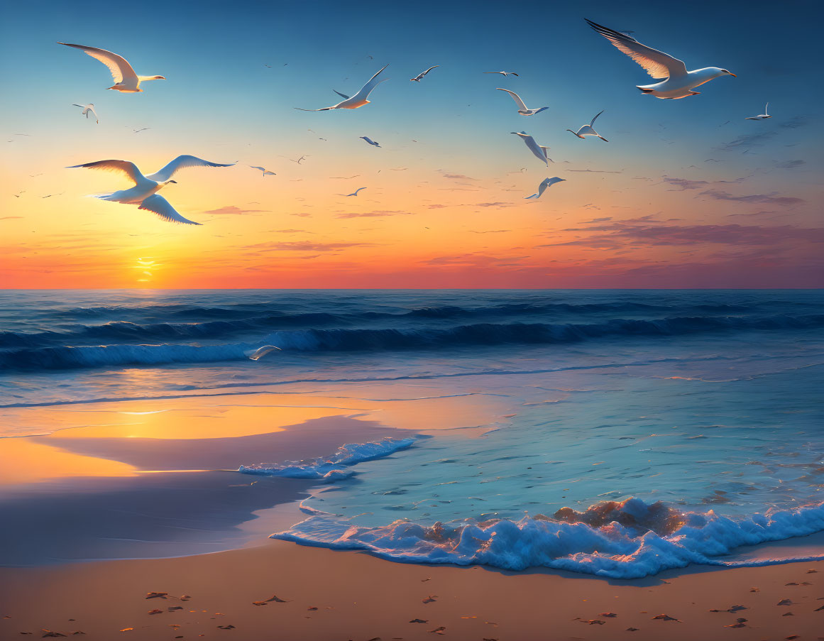 Vibrant sunset colors over serene beach with flying seagulls