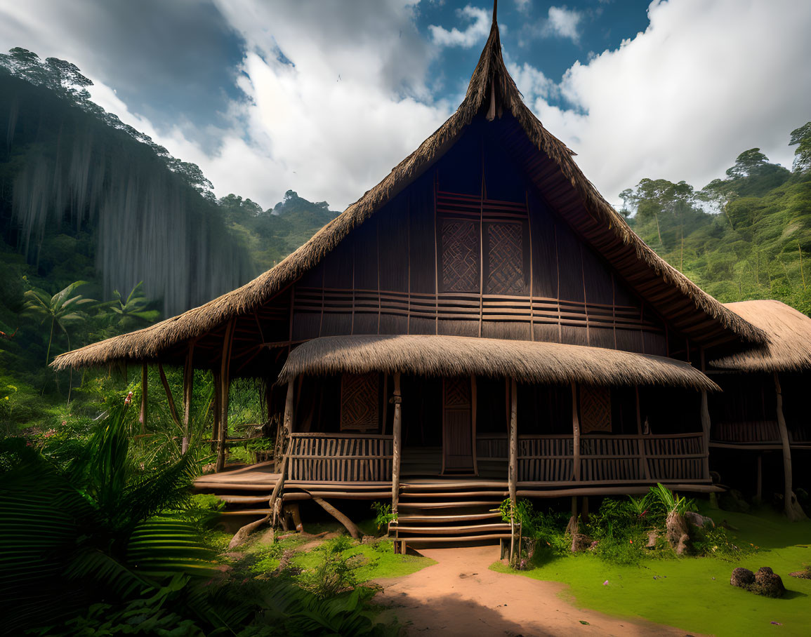 Thatched roof wooden house in lush greenery with waterfall backdrop