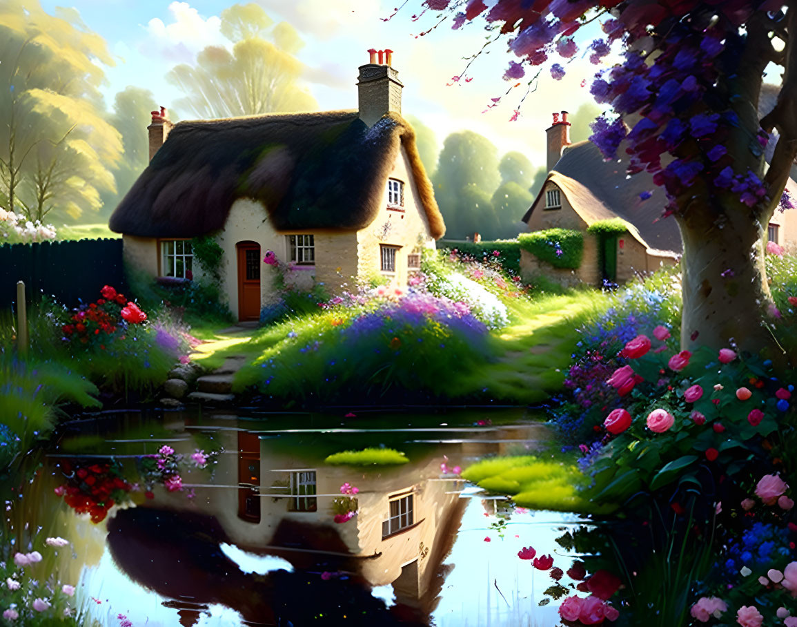 Tranquil countryside scene with thatched-roof cottages and vibrant flowers