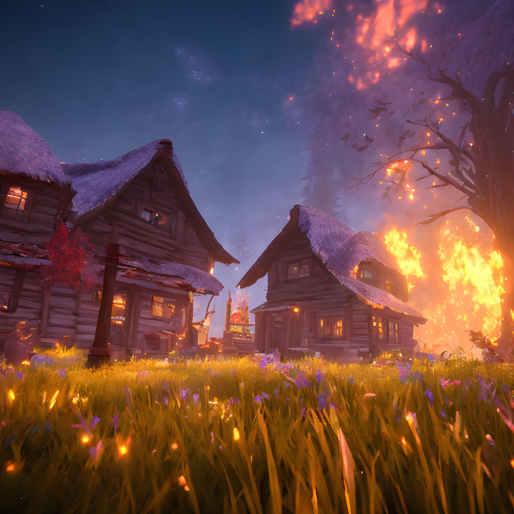 Twilight scene of magical village with thatched-roof cottages, fiery tree, and starry