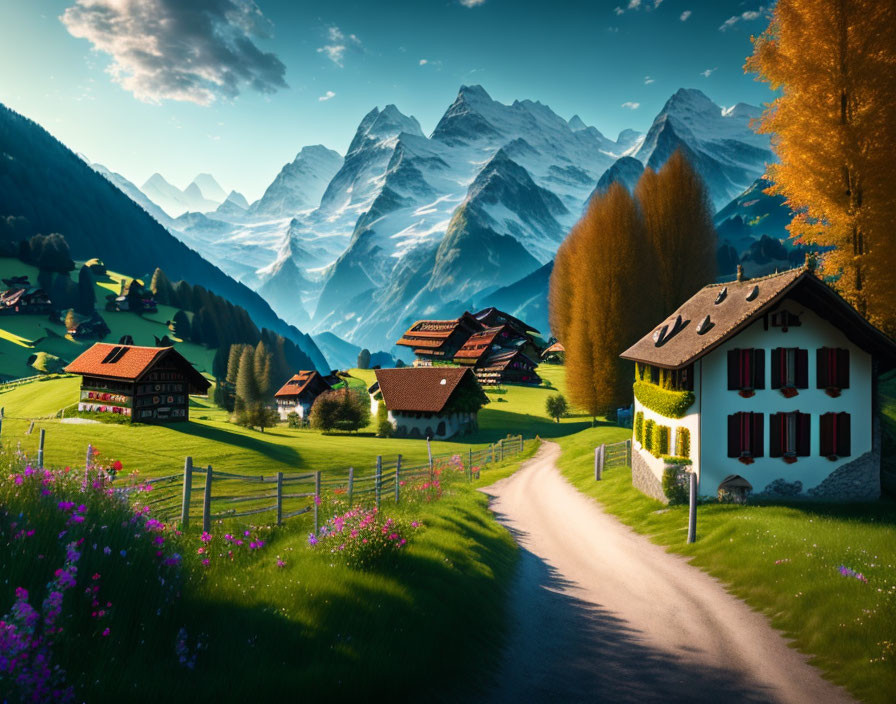 Scenic landscape with winding road, traditional houses, green meadows, snow-capped mountains, and