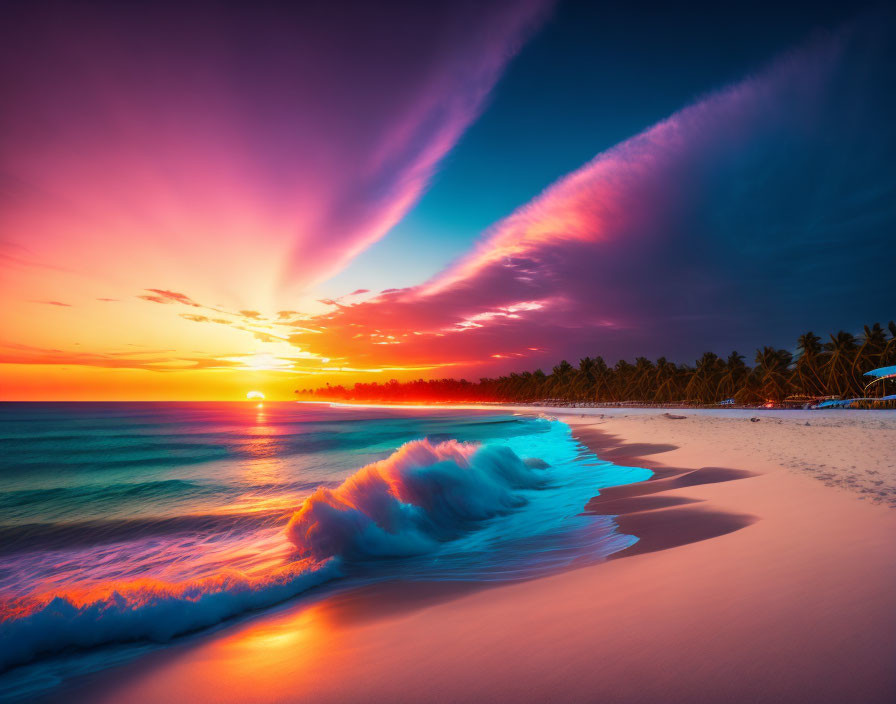 Colorful Beach Sunset with Palm Trees and Waves