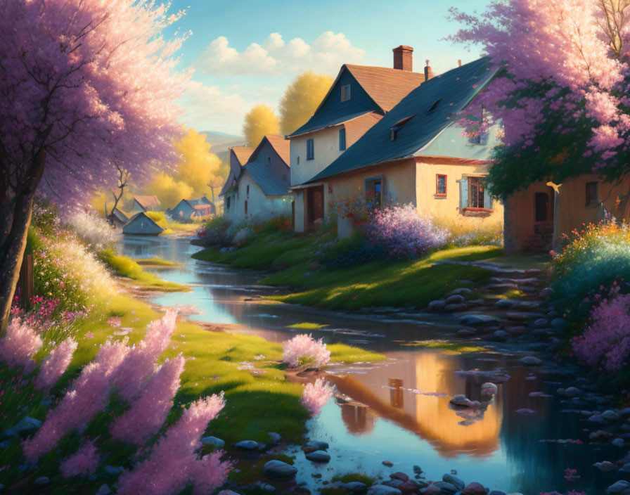 Tranquil village scene with cherry blossoms, stream, houses, and sunlight.