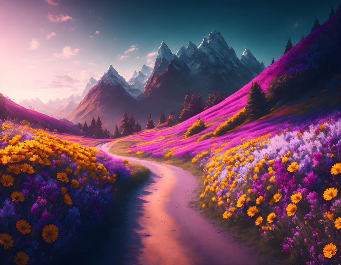 Scenic landscape with winding path, purple and yellow flowers, snow-capped mountains at sunset