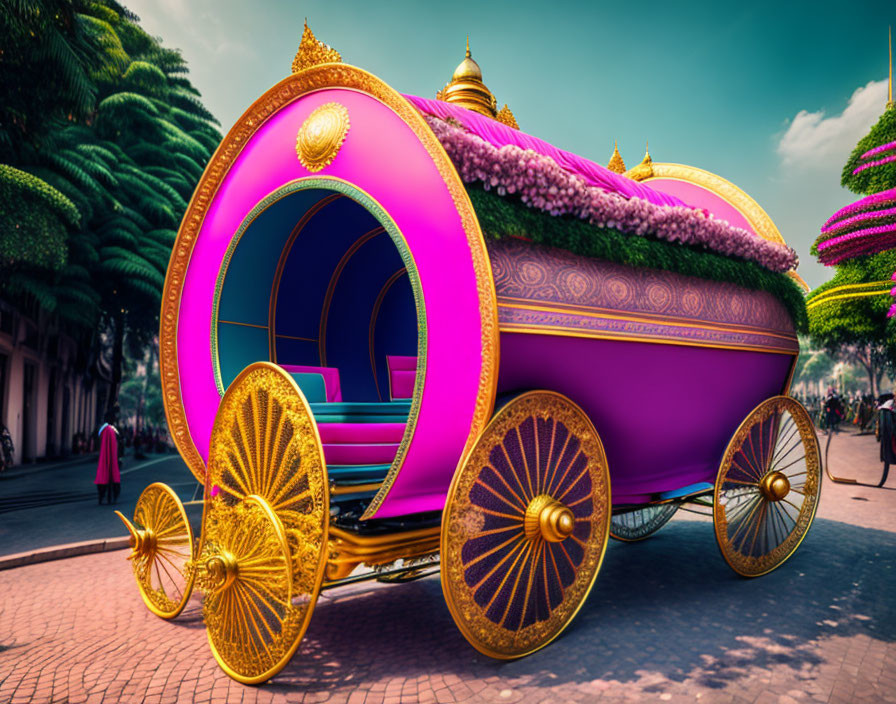 Luxurious pink and gold carriage on sunny street with green trees and blue sky