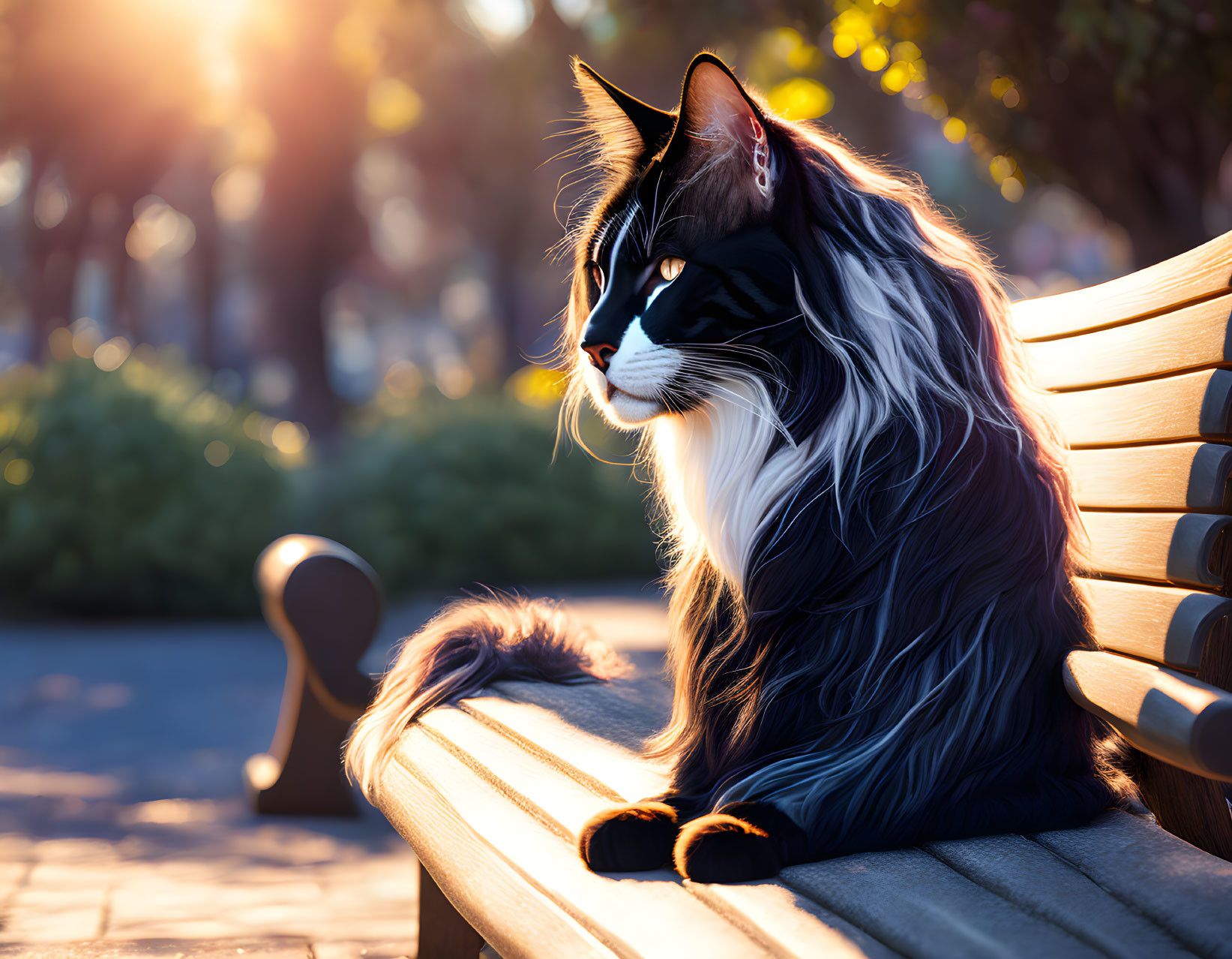 Long-haired black and white cat on wooden bench in sunlight