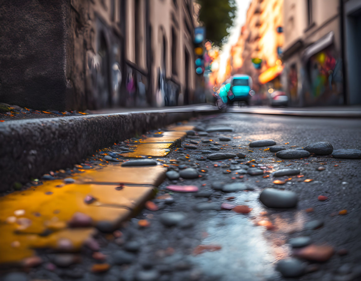 Autumn Leaves on Cobblestone Street with City Background