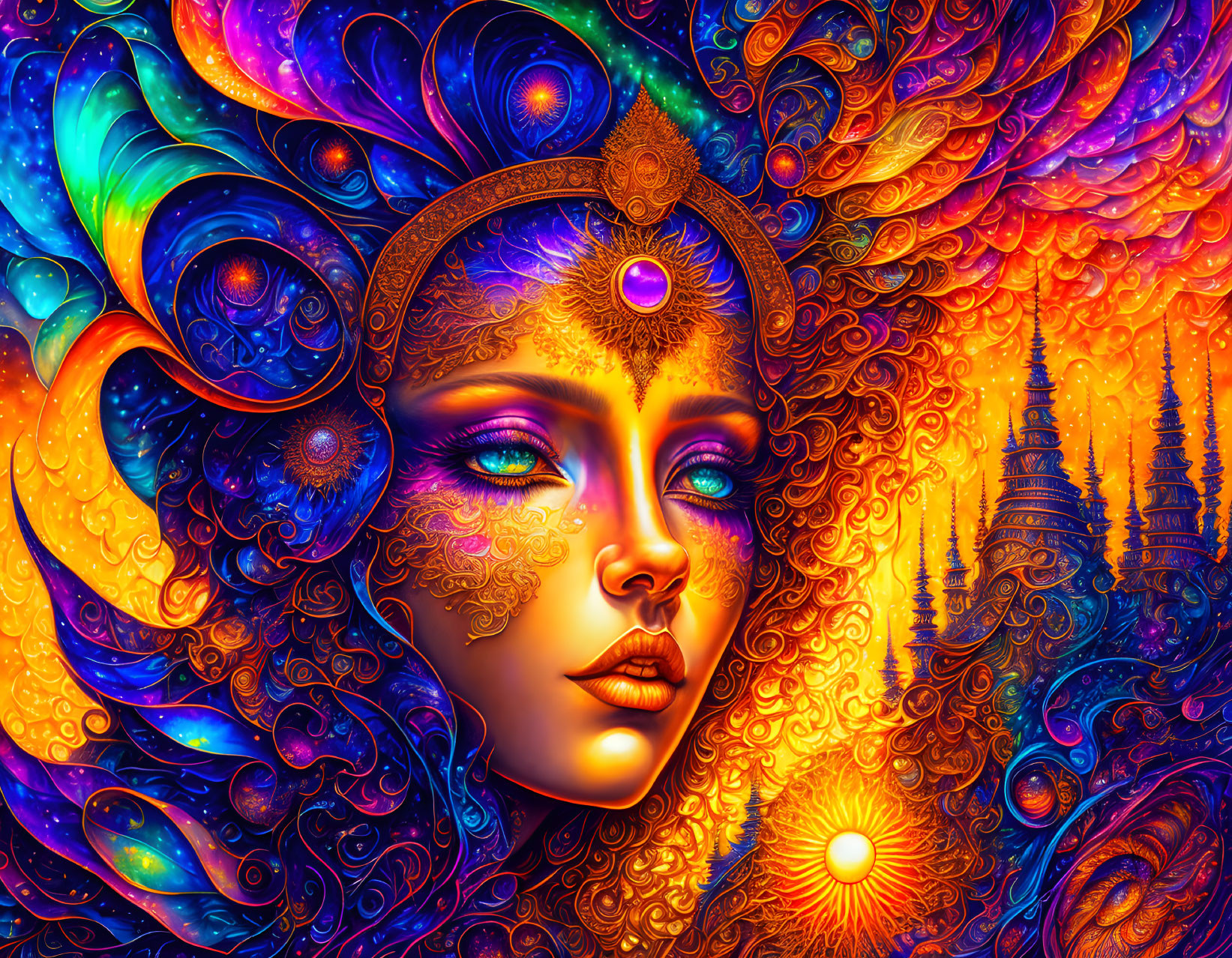 Colorful Psychedelic Artwork: Female Figure, Patterns, Swirling Designs & Fantastical