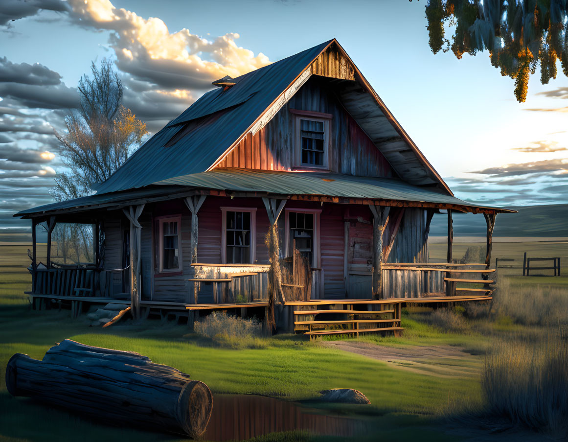 Rustic wooden house with blue roof in tranquil field