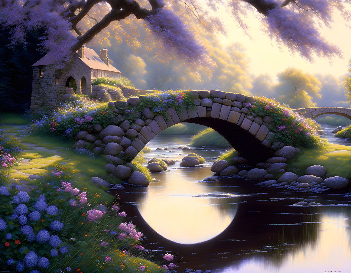 Tranquil river with stone bridge, lush trees, blossoms, and cottage at twilight