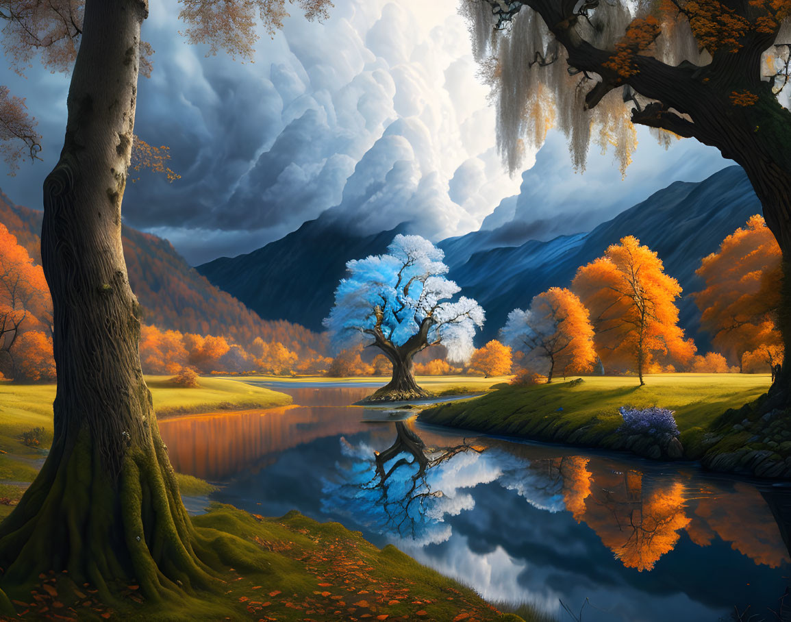 Tranquil autumn lake scene with colorful trees and dramatic sky