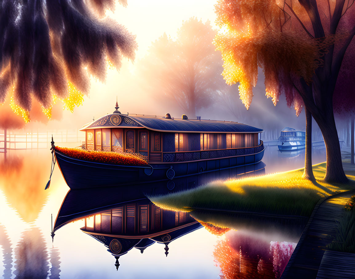 Tranquil digital artwork of vintage houseboat by grassy bank