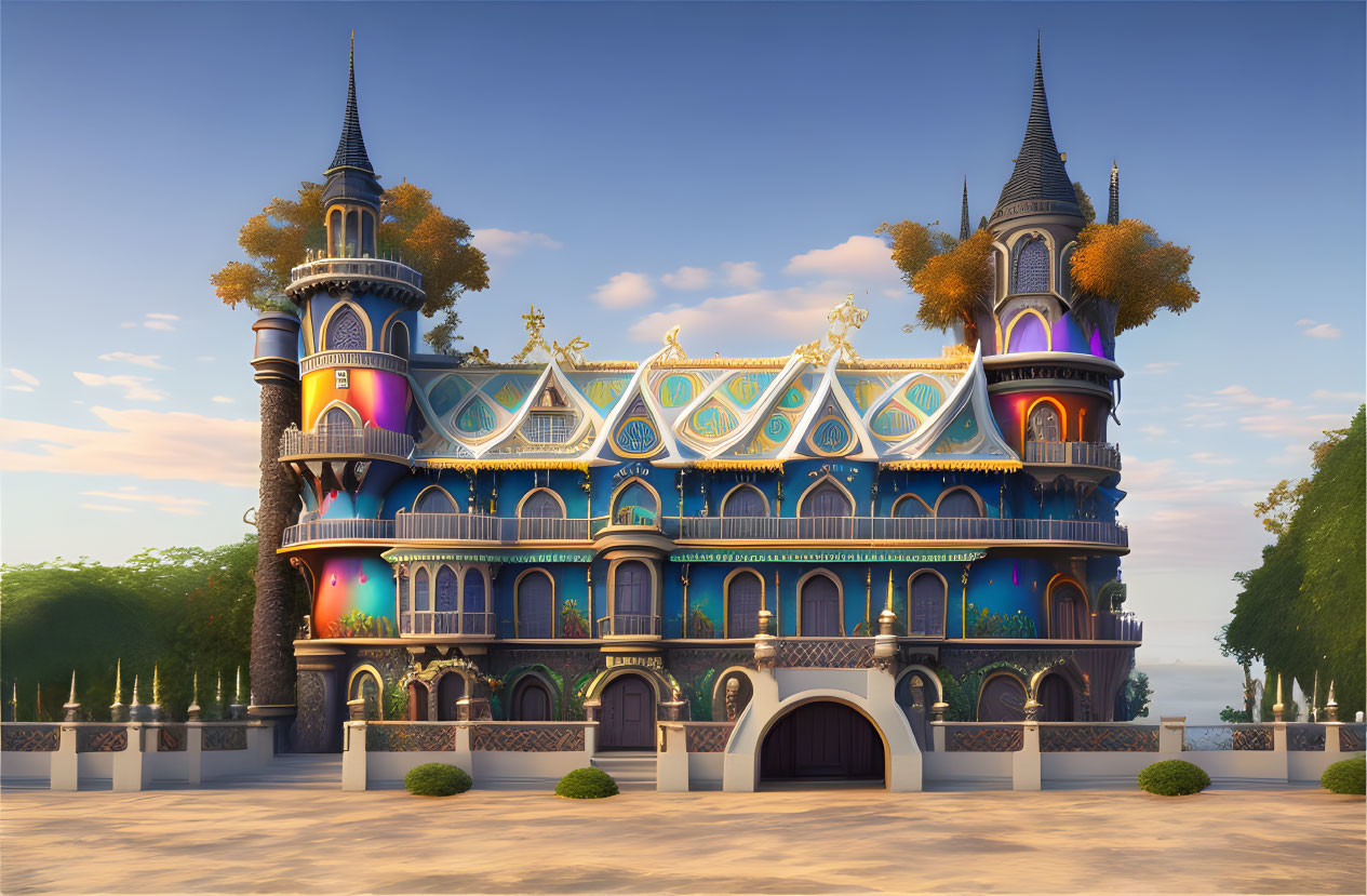 Majestic fantasy castle with colorful facades and tall spires