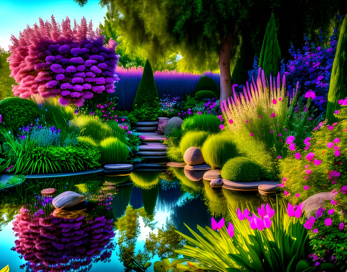 Lush Garden with Pond, Flowers, and Stepping Stones at Twilight